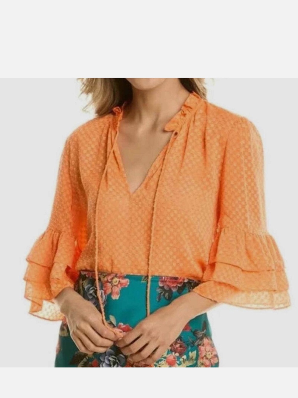 Alice + Olivia Bright Orange Textured Ruffle-Sleeve Blouse